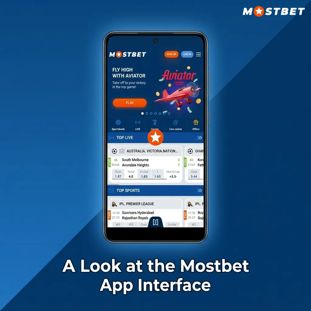 Mostbet app dark-themed interface showing bottom navigation bar with Live Betting, Sports, Casino, Promotions, and Profile tabs