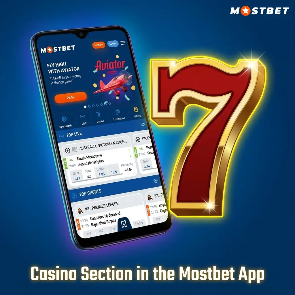 Mostbet app casino section showing slots, live dealer games, crash games, and table games optimised for mobile play