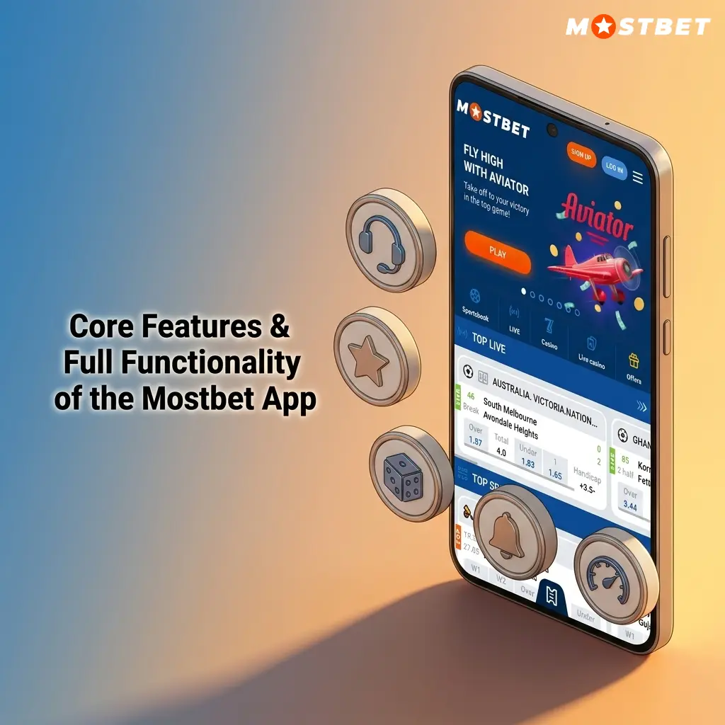 Mostbet app interface showing sports betting, live casino, and promotions features across mobile screens