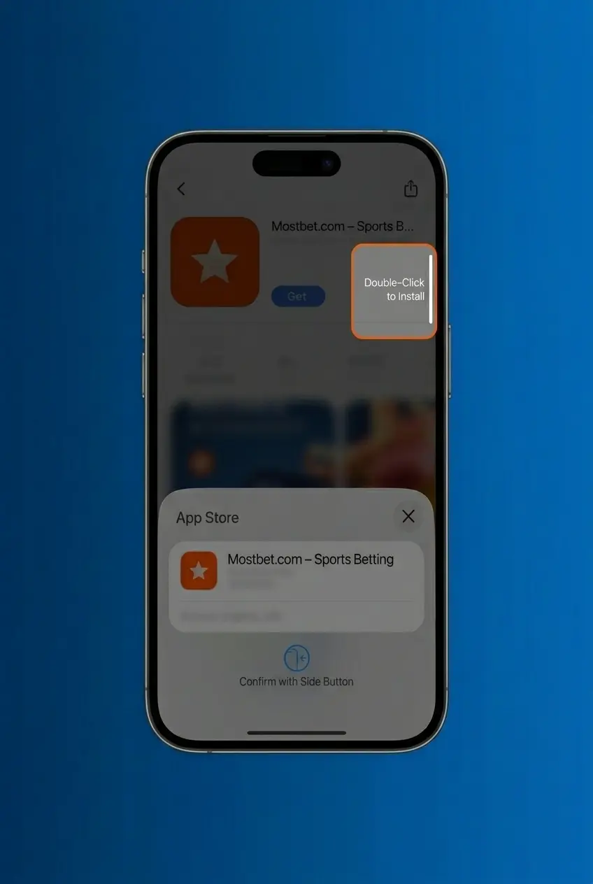 Mostbet iOS app download steps showing Settings Trust profile screen on iPhone with system requirements