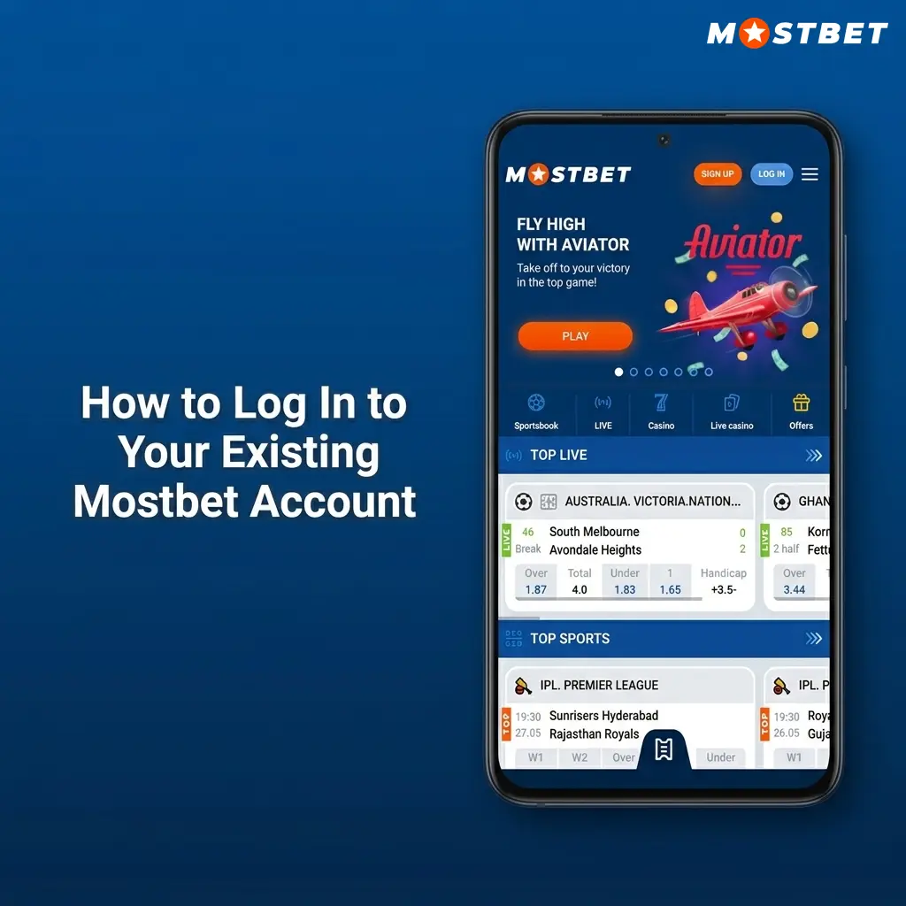 Mostbet app login screen showing email and password fields for returning players to access their account