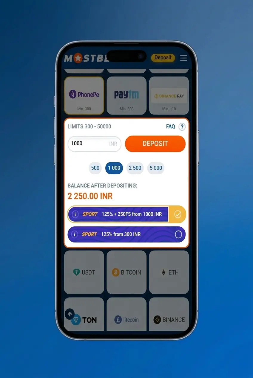 Mostbet app sports betting interface showing bet slip with stake entry and Place Bet button in INR