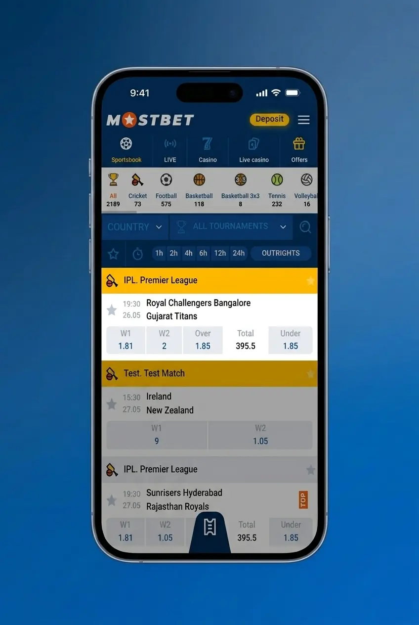 Mostbet app sports betting interface showing bet slip with stake entry and Place Bet button in INR