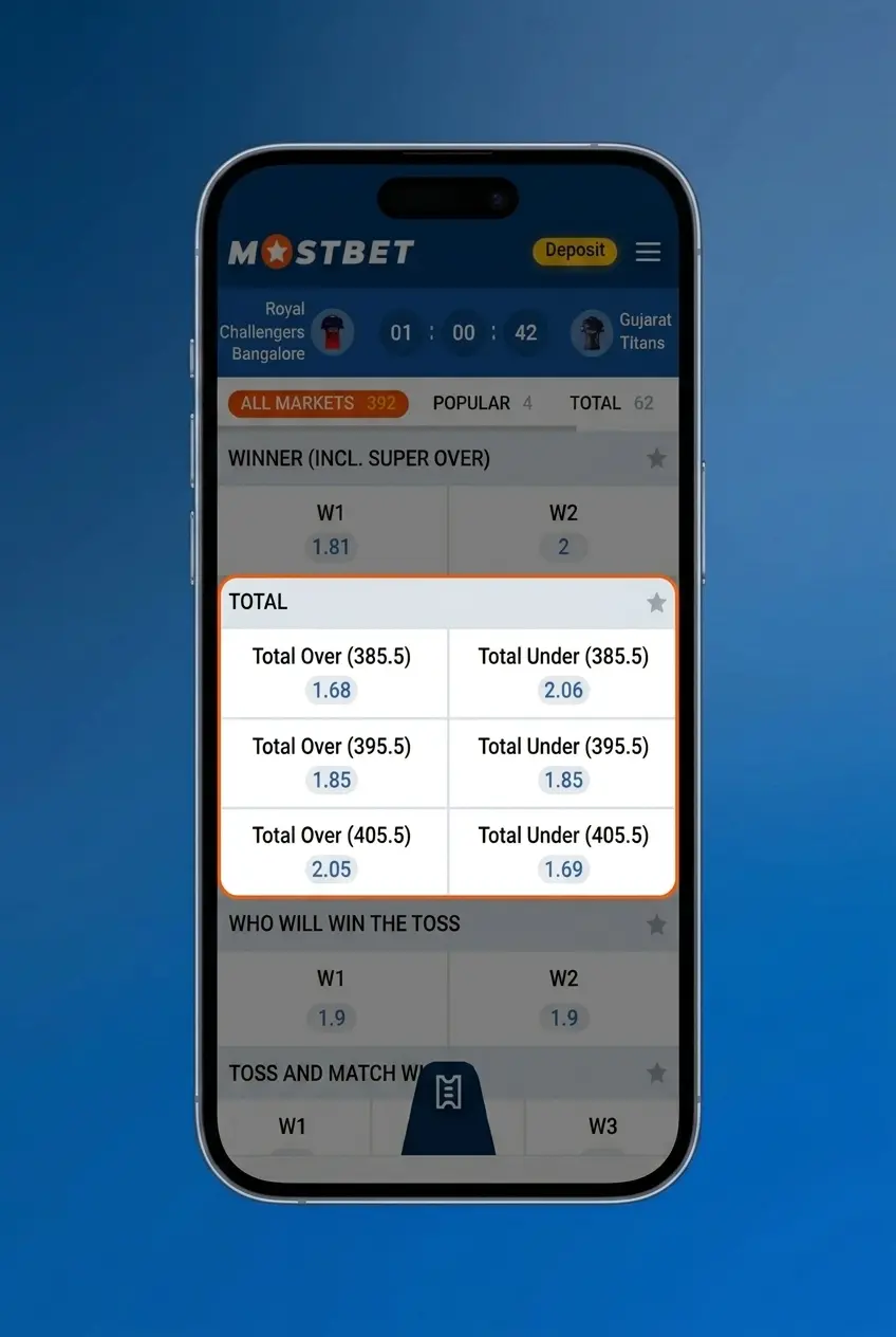 Mostbet app sports betting interface showing bet slip with stake entry and Place Bet button in INR