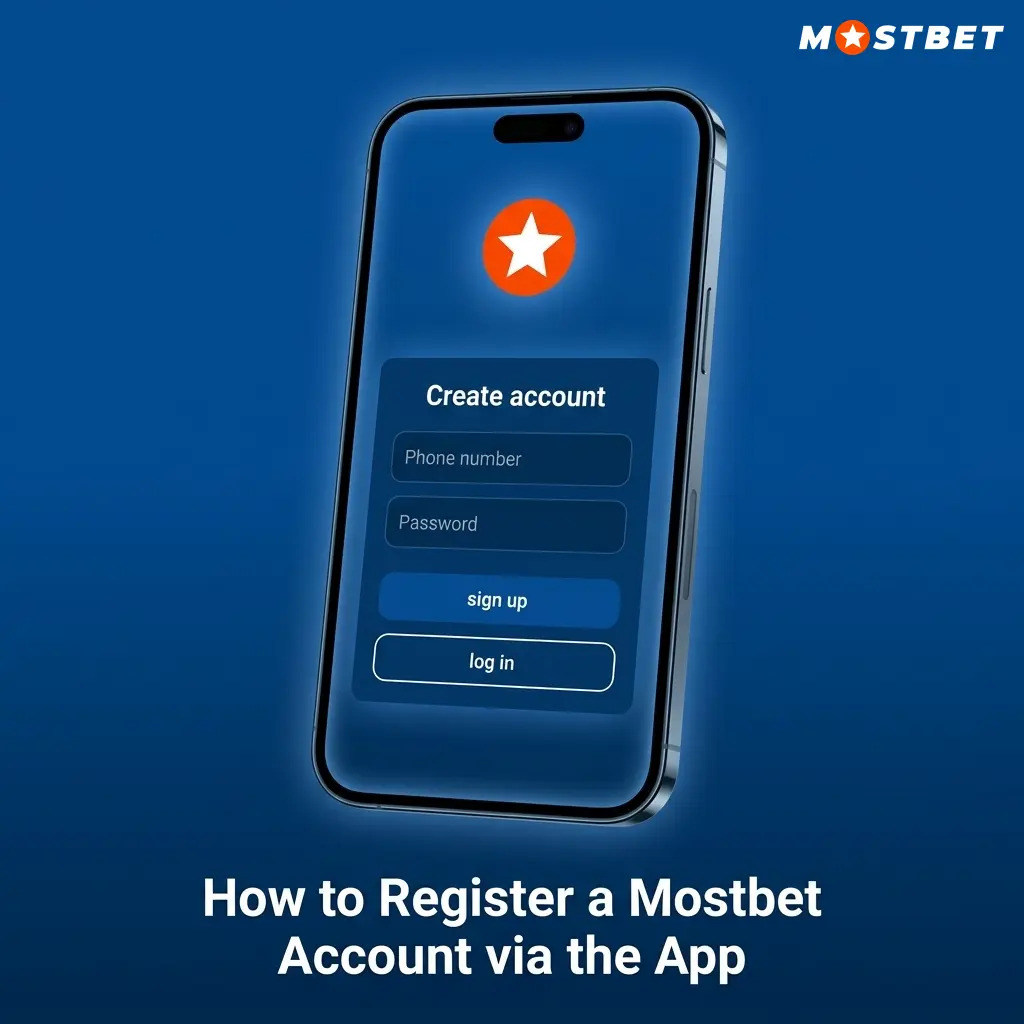 Step-by-step Mostbet app account registration screen showing phone, email, and social media sign-up options in India