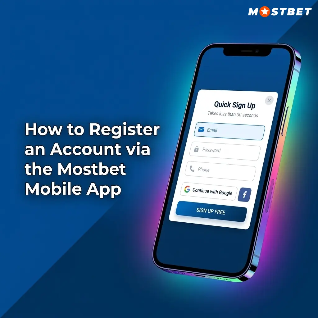 Step-by-step Mostbet mobile app account registration process showing sign-up options for Indian users
