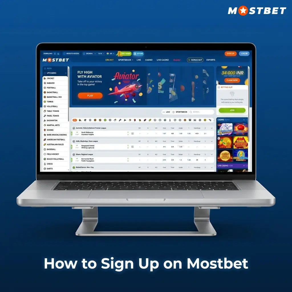 Mostbet sign up form showing registration steps via phone, email or social account with INR currency option for India players