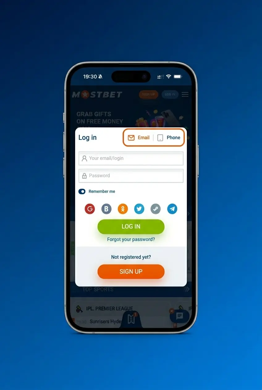 Mostbet app login screen showing four steps to sign in on Android or iOS with email or phone number