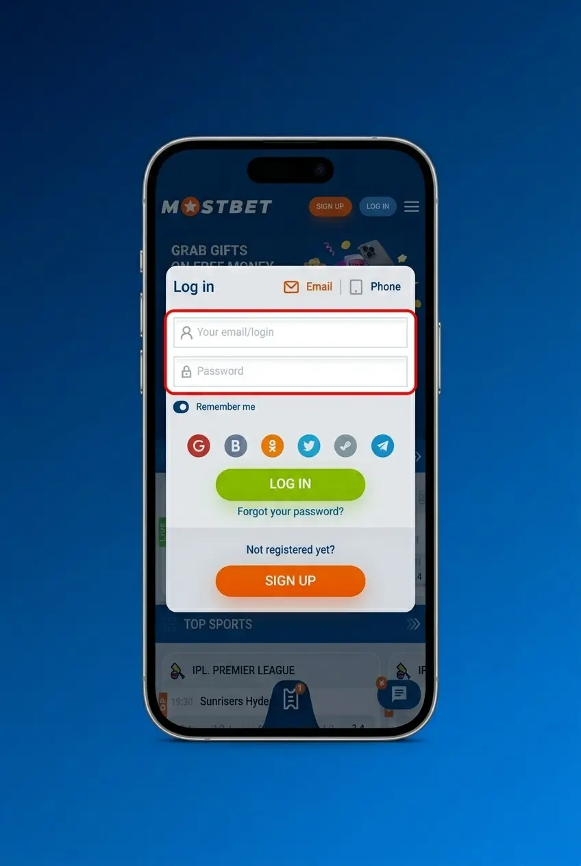 Mostbet app login screen showing four steps to sign in on Android or iOS device