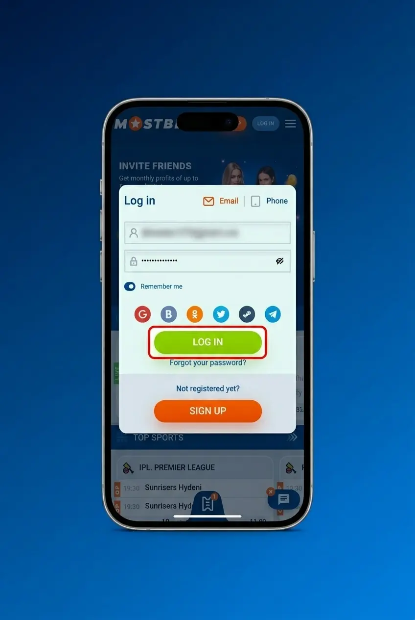 Mostbet app login screen showing four steps to sign in on Android or iOS with email or phone number
