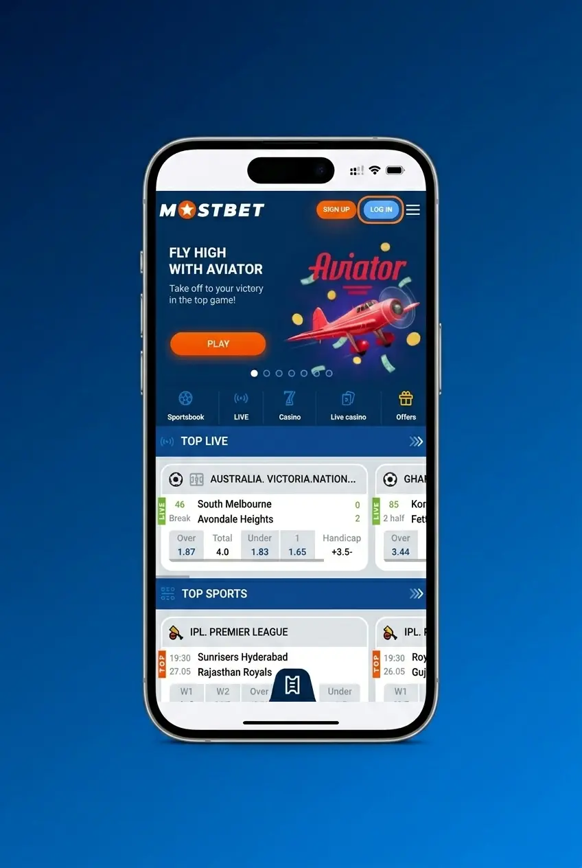 Mostbet app login screen showing four steps to sign in on Android or iOS device