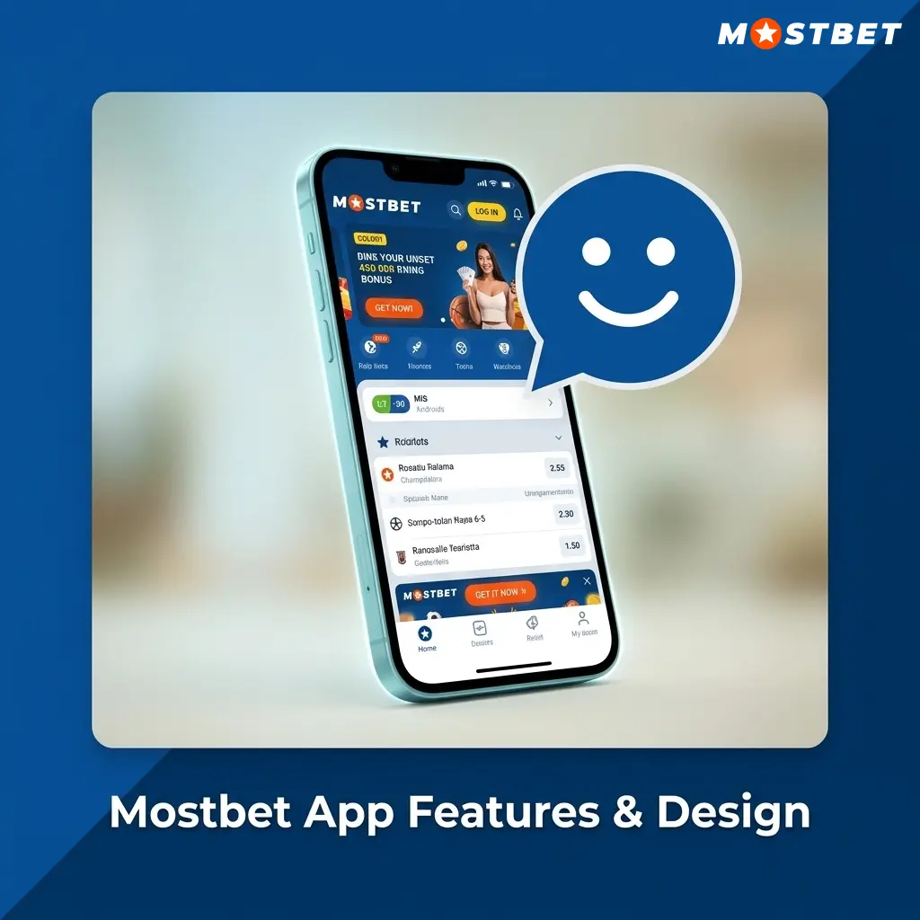 Mostbet app interface showing dark-blue and green design with sports betting and casino navigation on mobile
