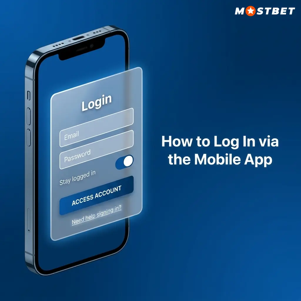 Mostbet app login screen on iPhone showing email, phone, and password fields with Face ID option