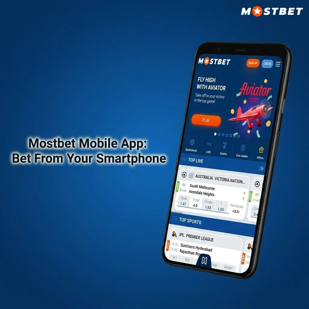 Mostbet mobile app interface showing live betting odds and UPI payment options on Android and iOS smartphones
