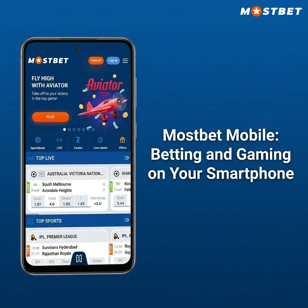 Mostbet mobile app interface on Android and iOS smartphones showing betting and gaming features