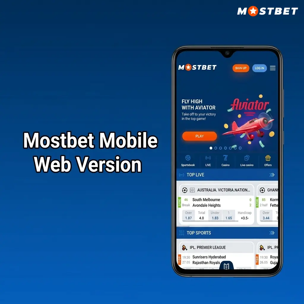 Mostbet mobile web version displayed on a smartphone browser with sports betting and casino options visible