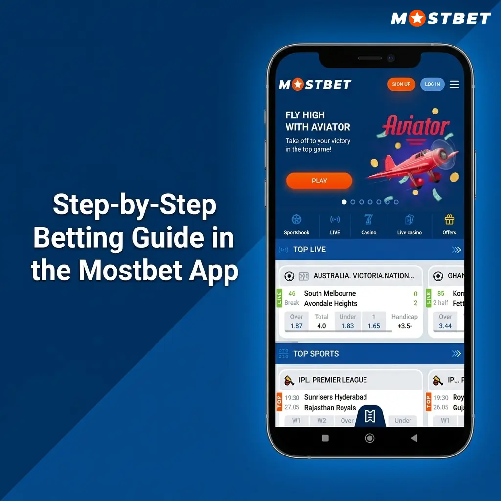 Step-by-step betting guide in Mostbet app showing six steps from sport selection to bet confirmation