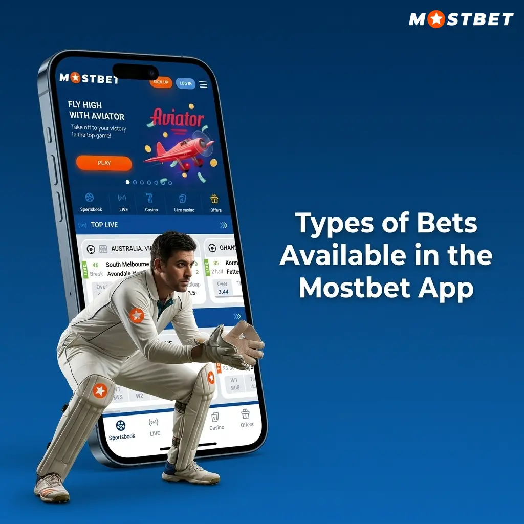 Mostbet app bet types including single, accumulator, system, chain, and live in-play betting options